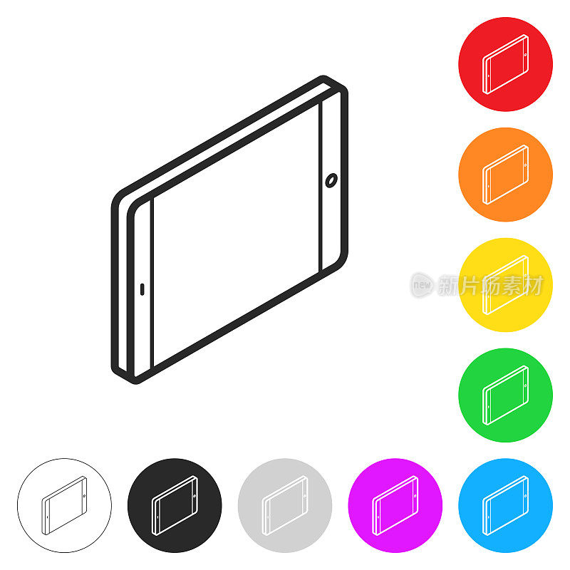 等距平板PC -水平位置。彩色按钮上的图标